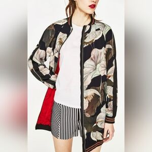 Zara Black Floral Bomber Jacket with Red Lining